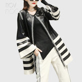 Genuine Leather Women Long Coat Flare Sleeve Fake Diamond Beading Wide Stripe Printed Sheekskin Chaqueta De Cuero LT3455